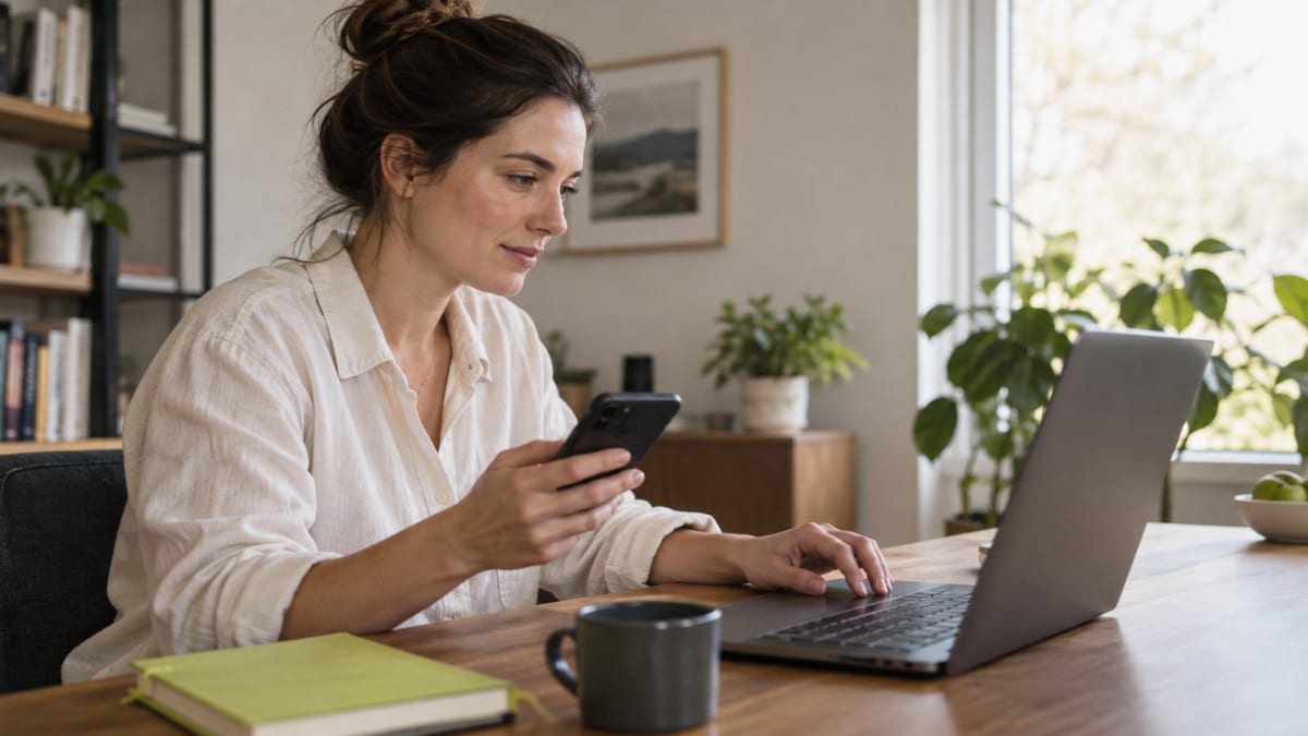 An adult reviews a laptop and phone before making a purchase.