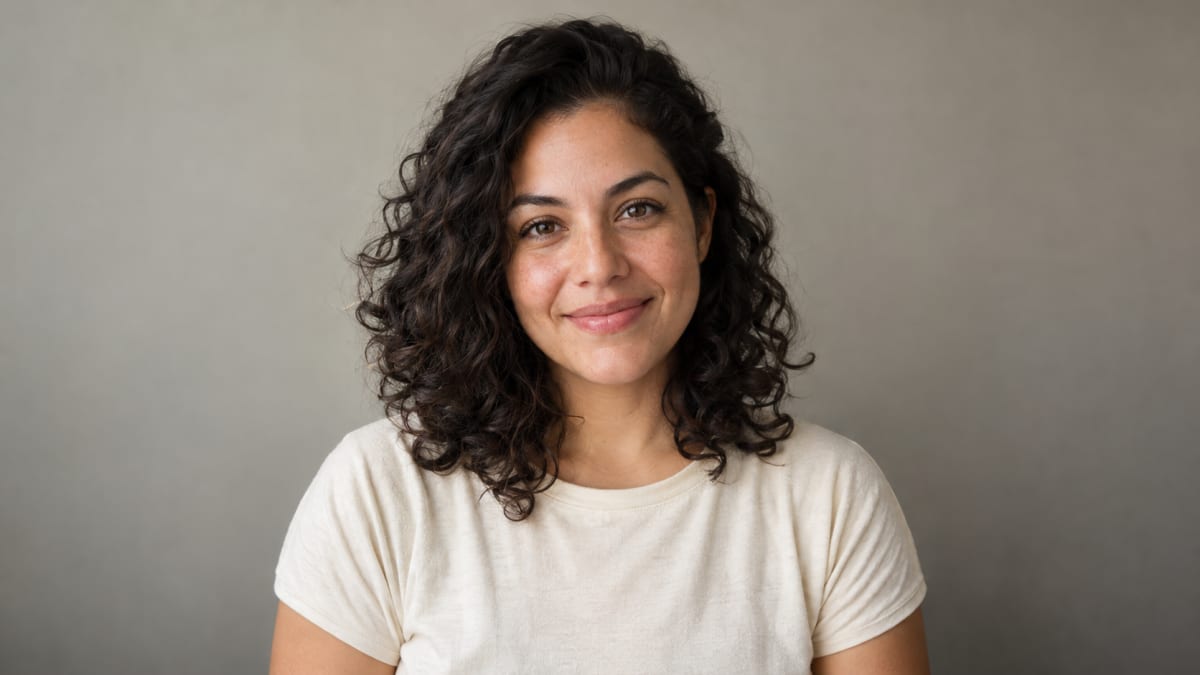 Clear front-facing portrait of an adult woman in soft daylight.