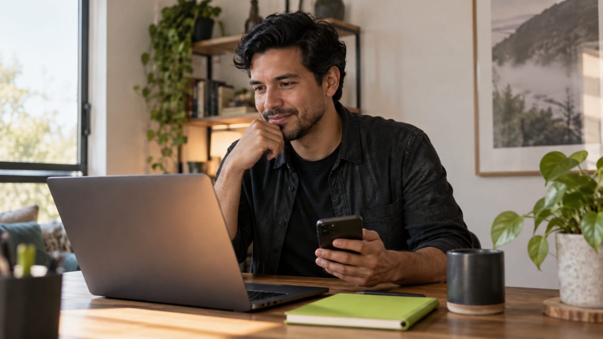Adult creator reviewing a laptop while holding a phone at a home workspace.