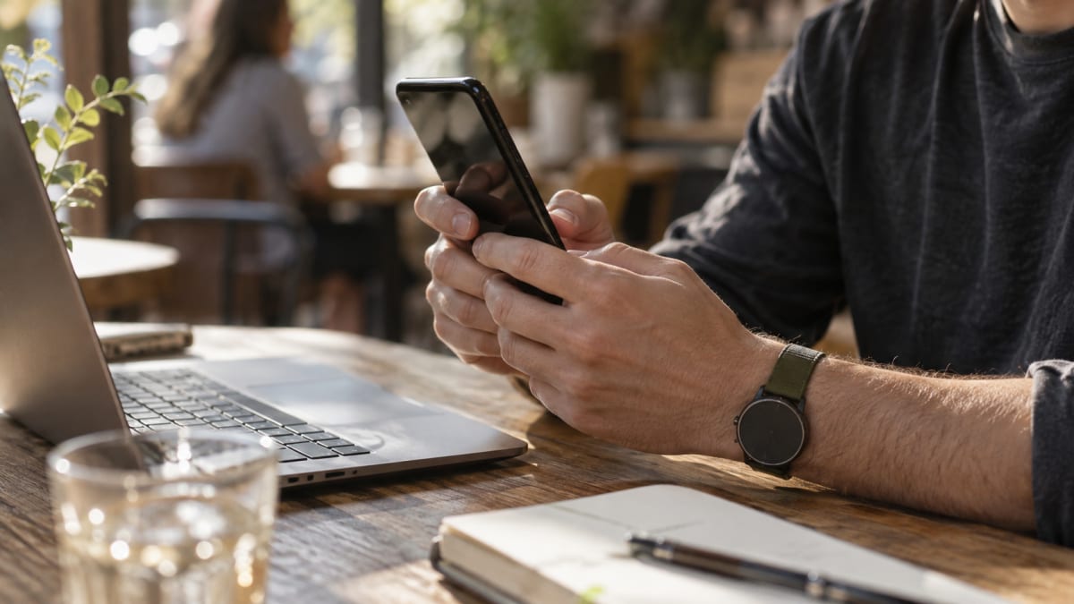 An adult holds a phone vertically beside a laptop to review a clip.