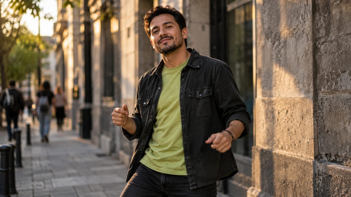 Adult creator moving casually on a sunlit city street.